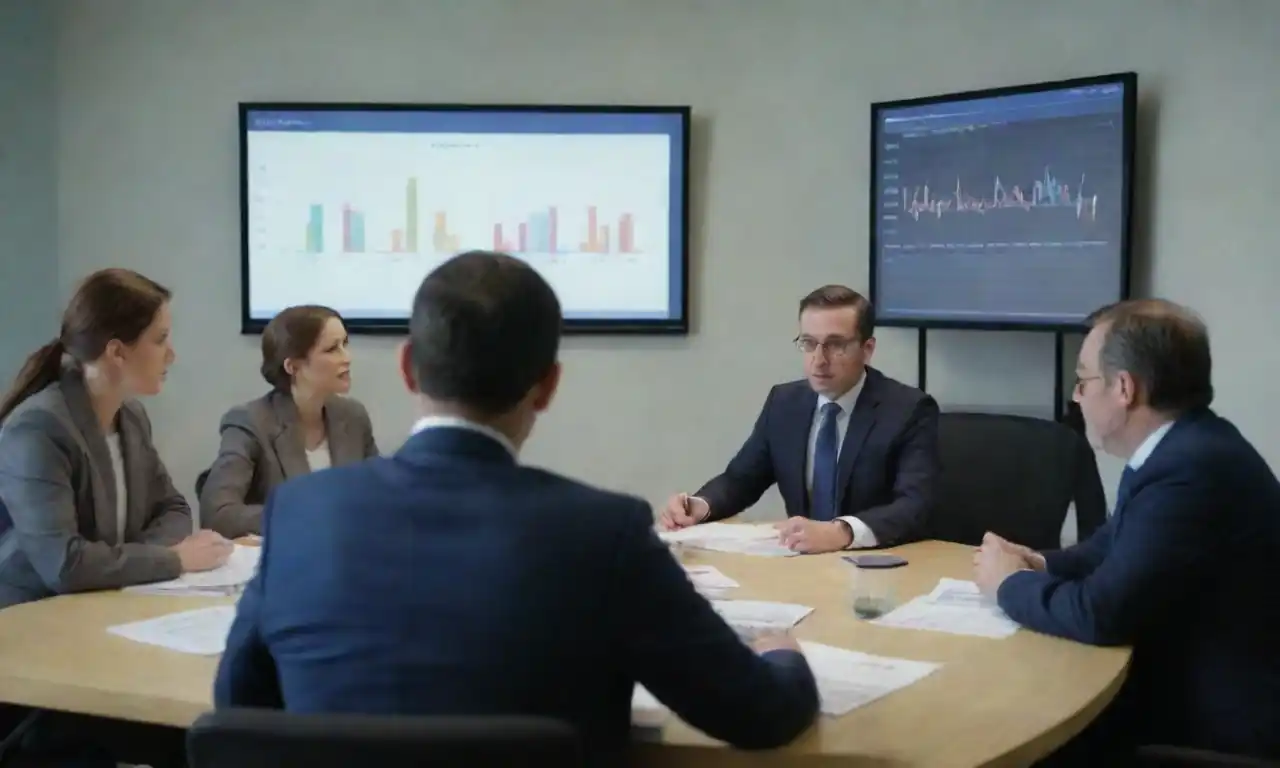 A diverse group of people discussing financial charts and election posters in a meeting room.