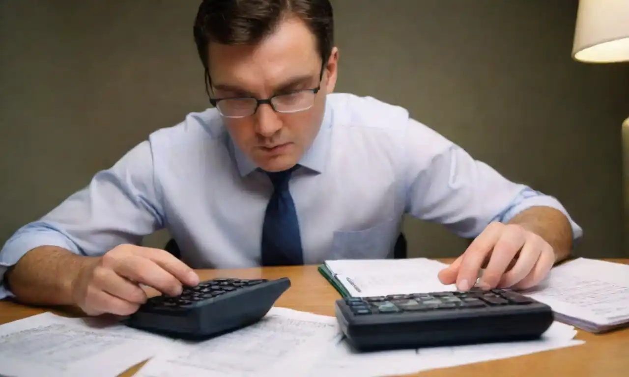 An accountant analyzing financial statements with a calculator, highlighting sales rappel entries.