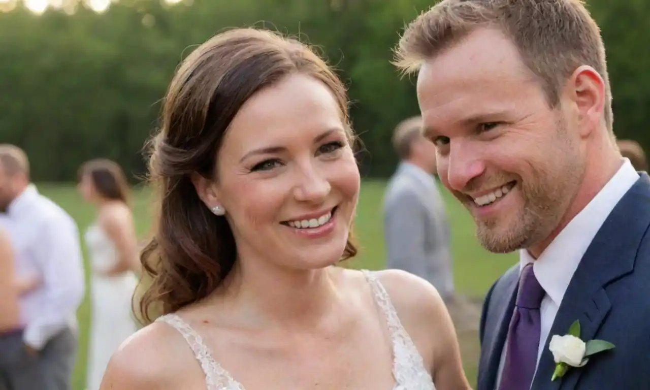 Christine Brown smiling with her new husband at a cheerful outdoor setting.