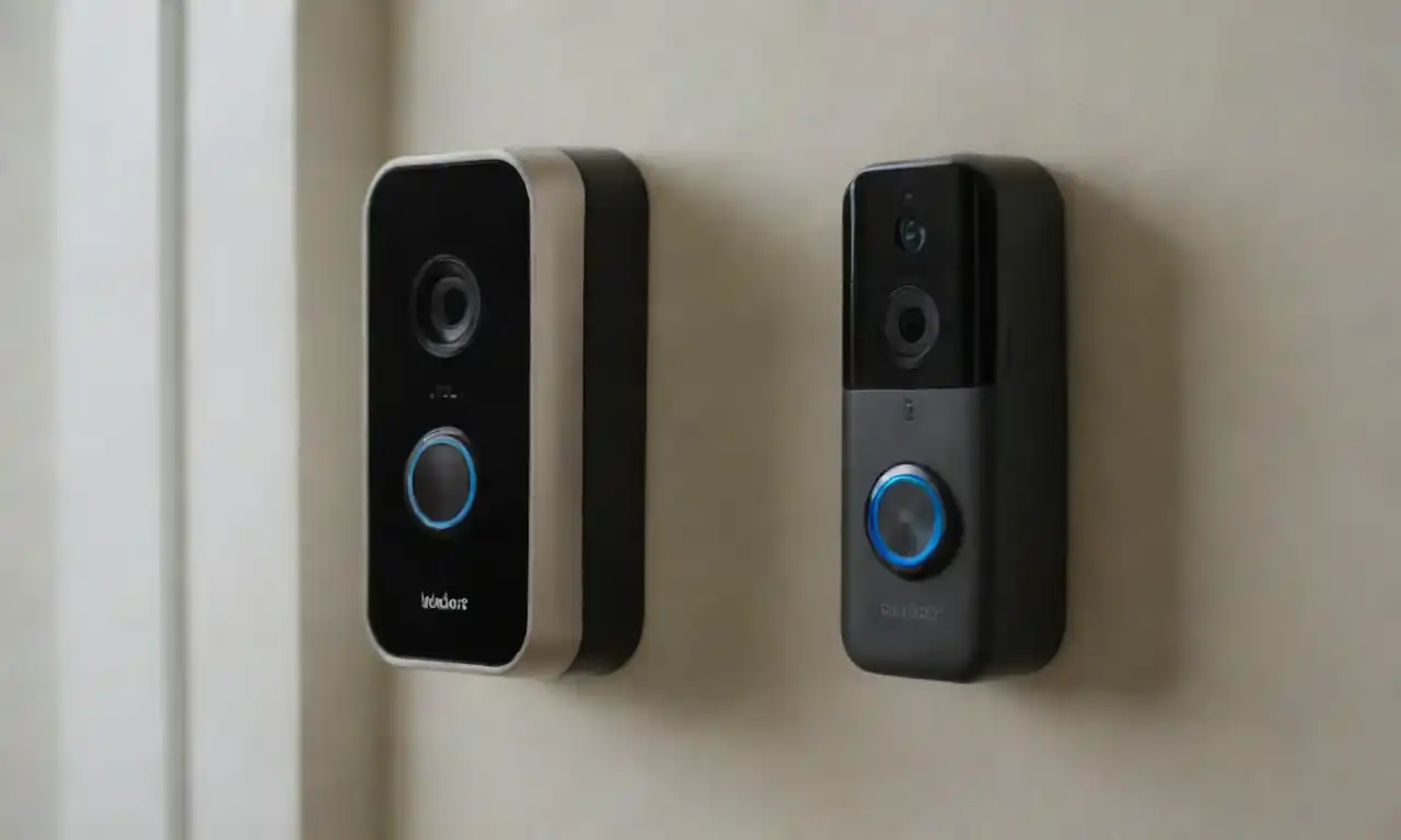 Smart doorbell camera displayed alongside its features and specifications.
