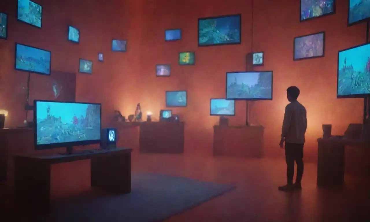 Visual of a digital landscape with avatars exploring various virtual environments and interactions.