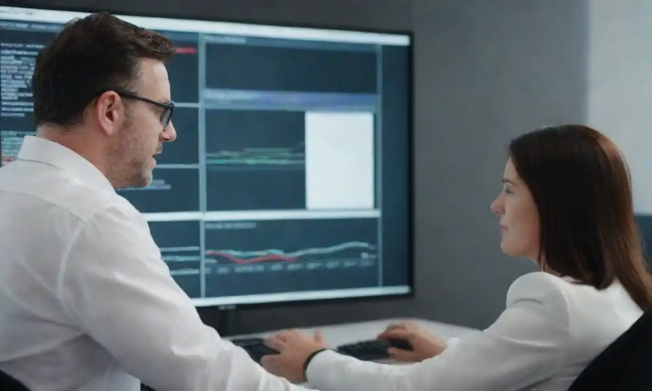 Consultor SAP asesorando a un equipo empresarial junto a una pantalla con gráficos de datos.