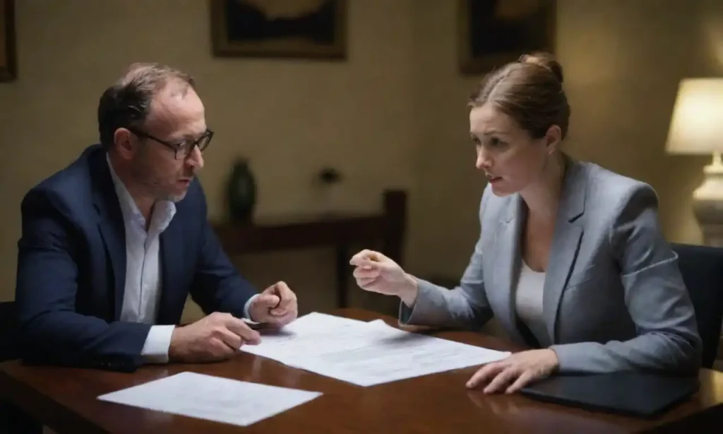 Two professionals discussing a project contract with documents and a laptop between them.