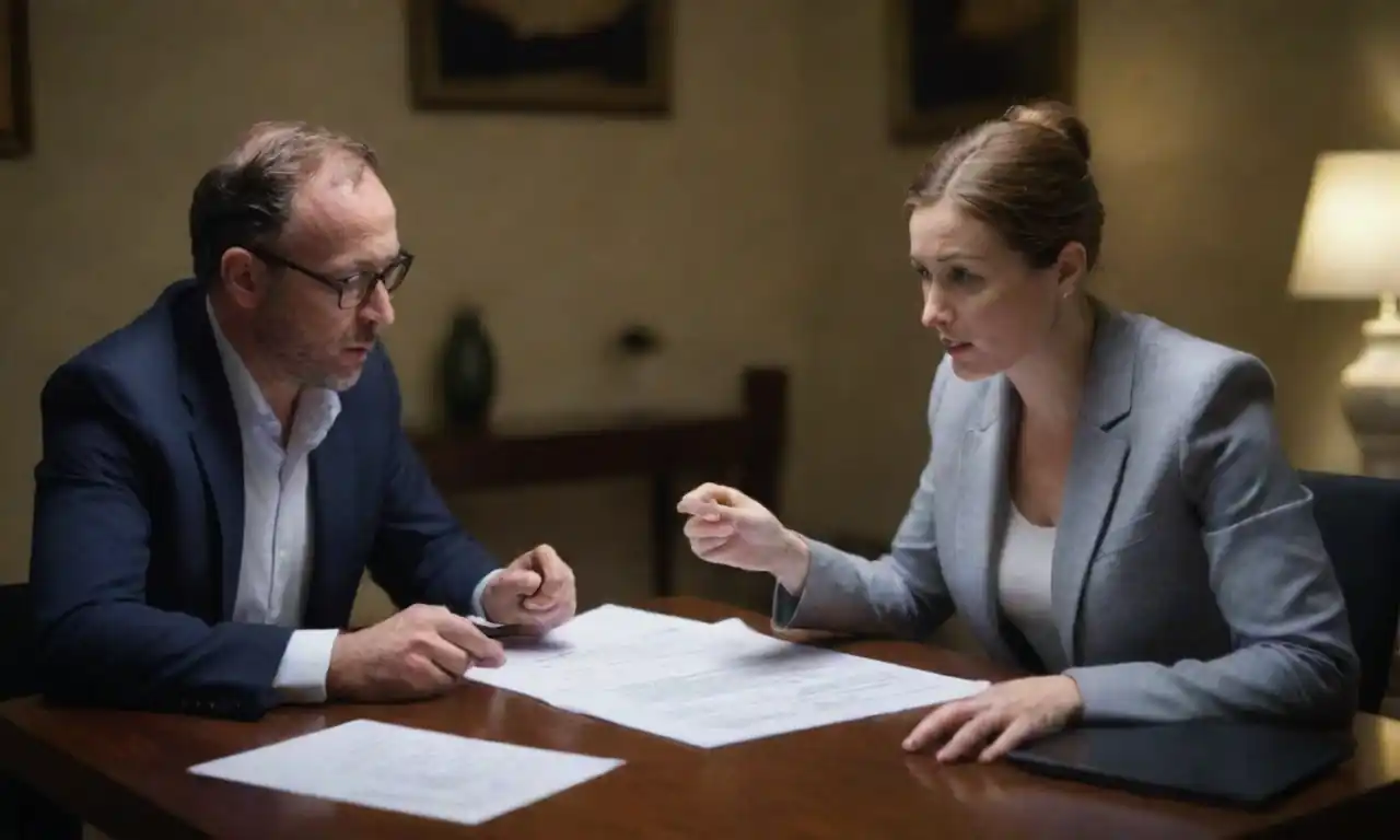 Two professionals discussing a project contract with documents and a laptop between them.