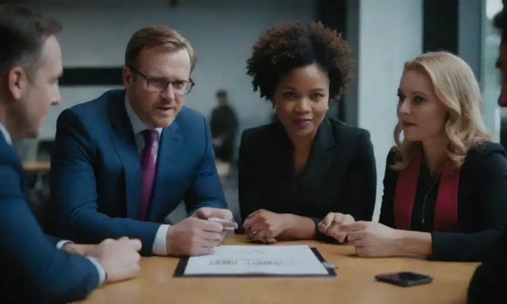 A diverse group of entrepreneurs discussing cutting-edge tech trends with digital devices and charts.