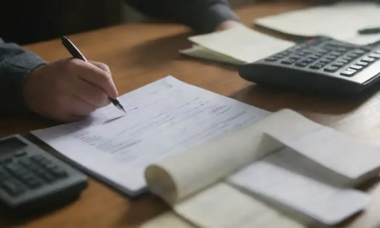 A person filling out an invoice logbook with financial documents and a calculator on a desk.