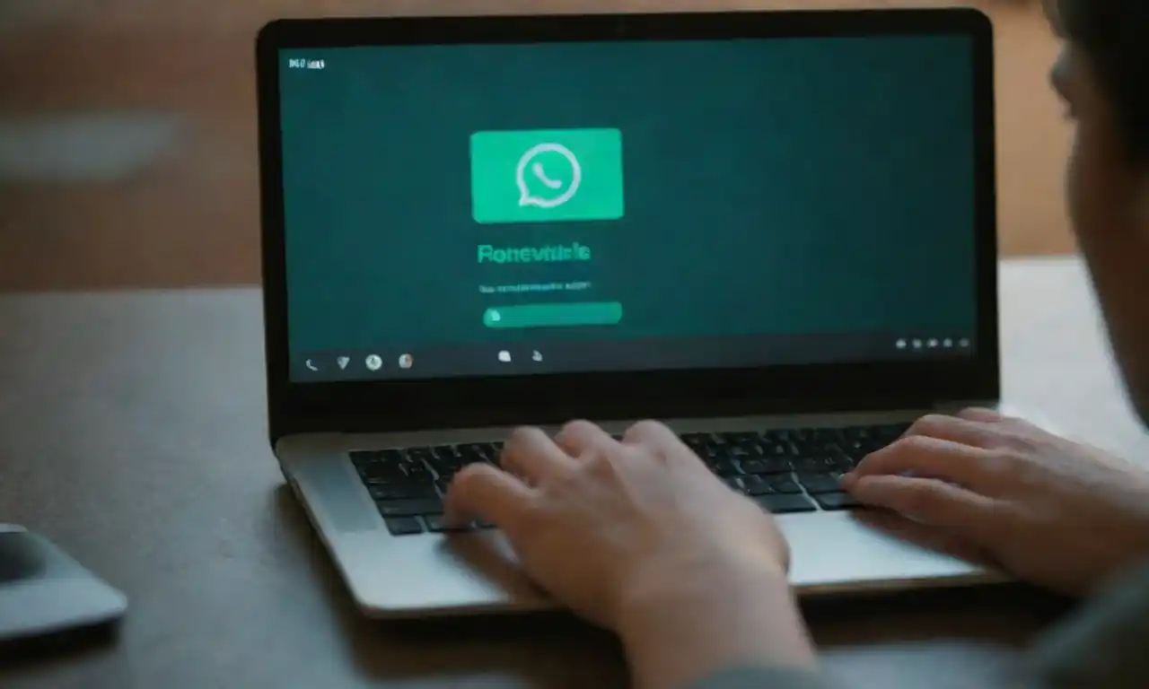 Person coding on a laptop while a WhatsApp interface displays a chatbot conversation.