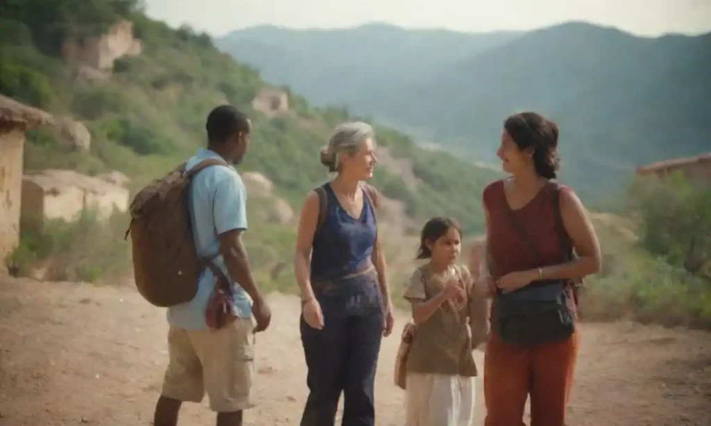 Group of travelers engaging with diverse cultures at a scenic international destination.