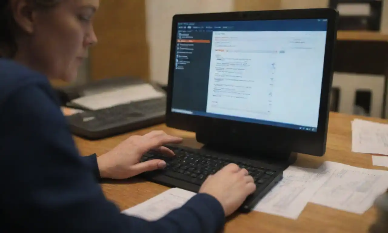 A person using a computer to upload invoices while checking a guide for errors.