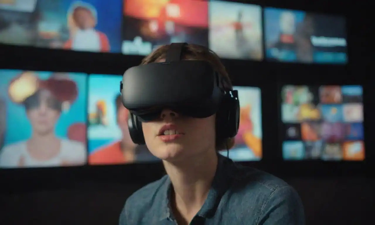 Screen display of various VR apps with a person wearing a VR headset