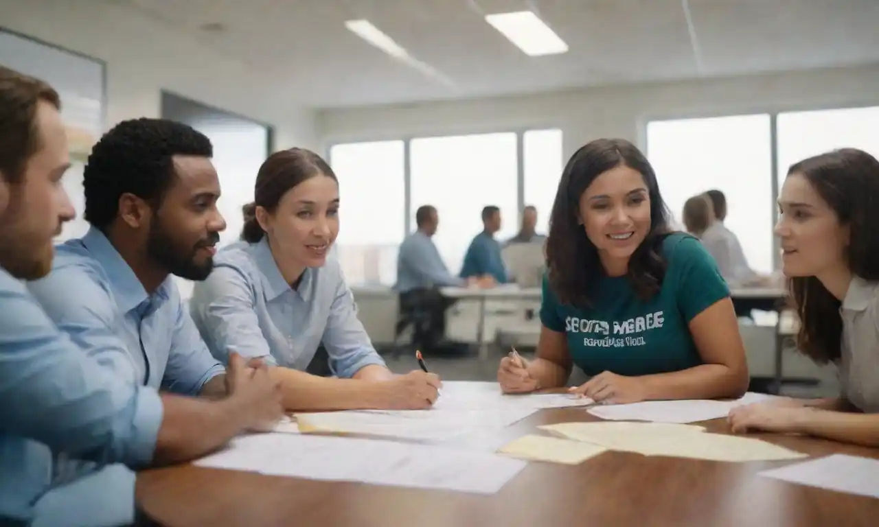 Team members collaborating in a thriving office environment with motivational posters.