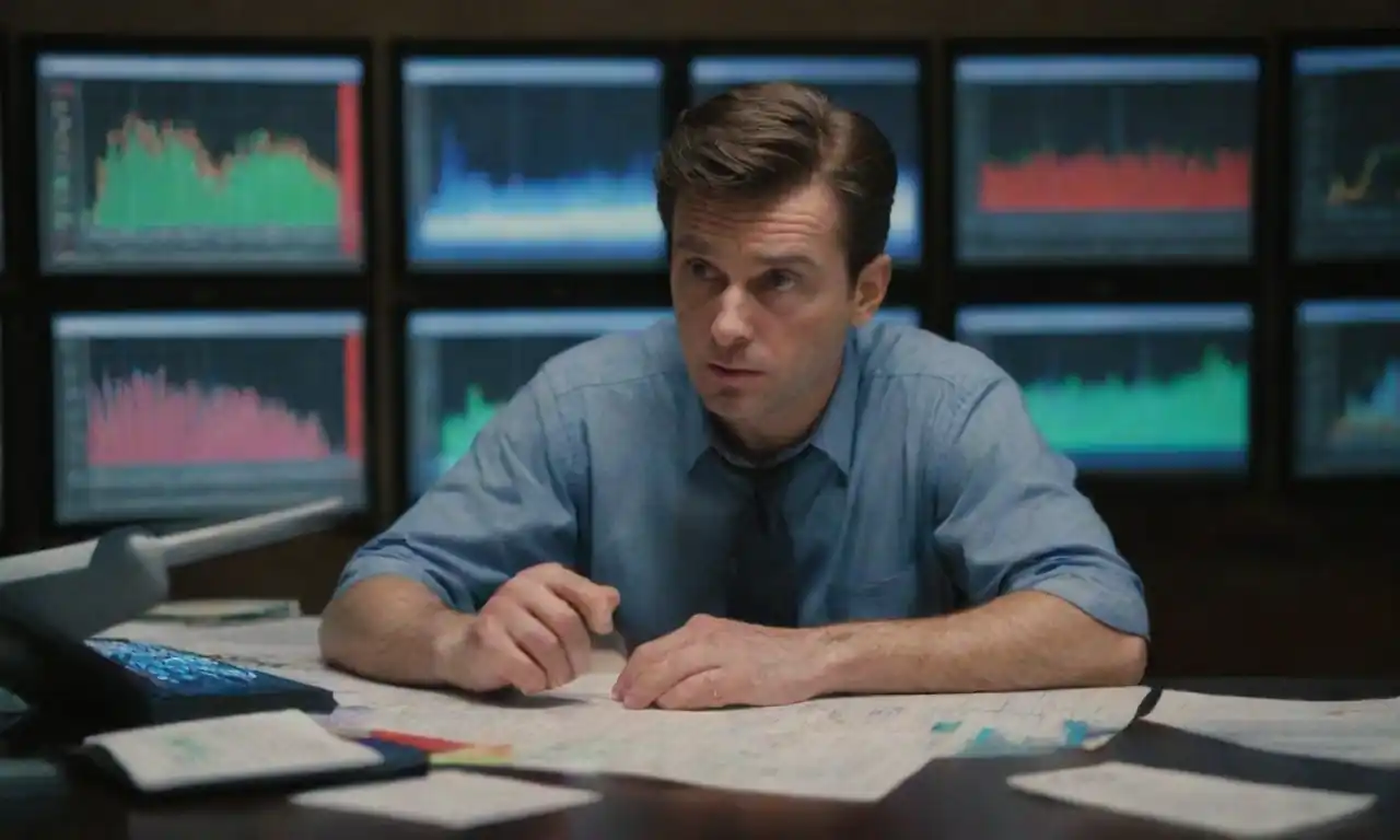 A person analyzing stock performance charts with a skeptical expression and Motley Fool materials spread out.