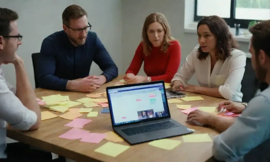 A diverse team collaborating around a table with sticky notes and laptops.