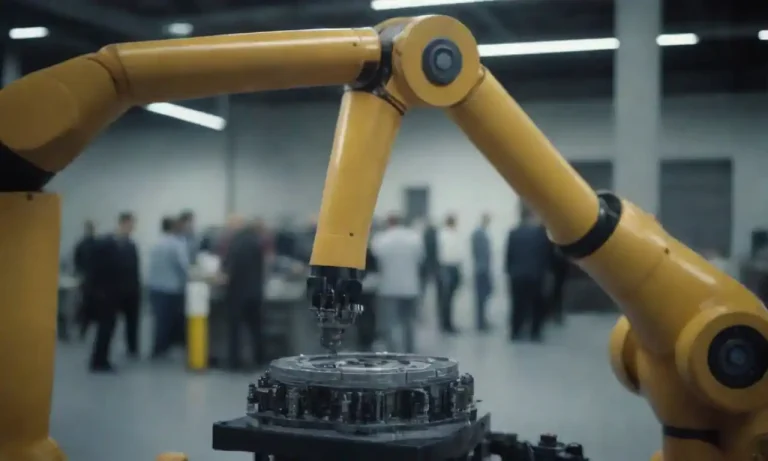 An industrial robot working alongside humans in a high-tech manufacturing environment.