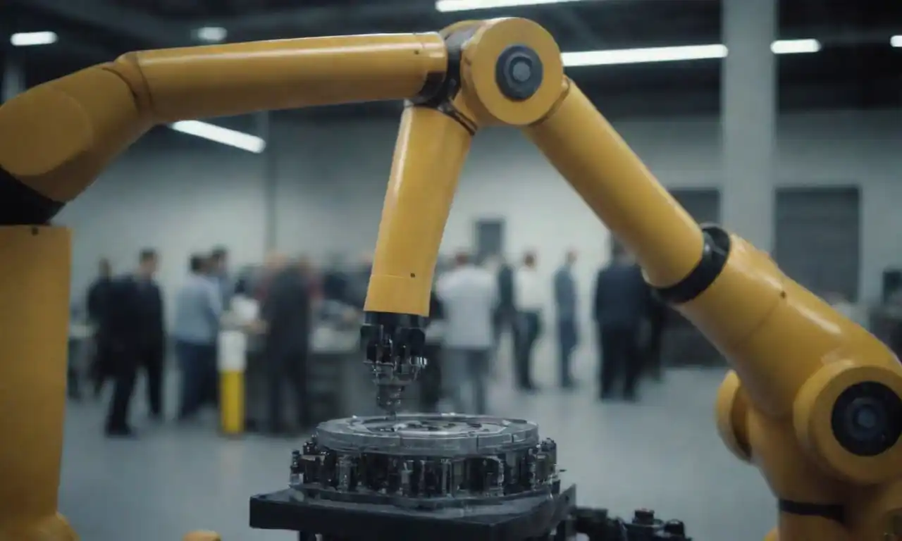 An industrial robot working alongside humans in a high-tech manufacturing environment.