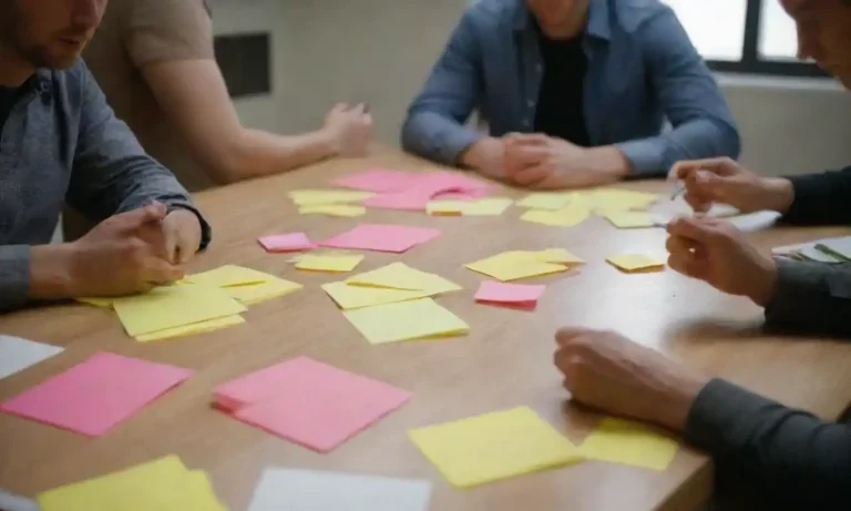 Team brainstorming around a table with sticky notes and prototyping materials.