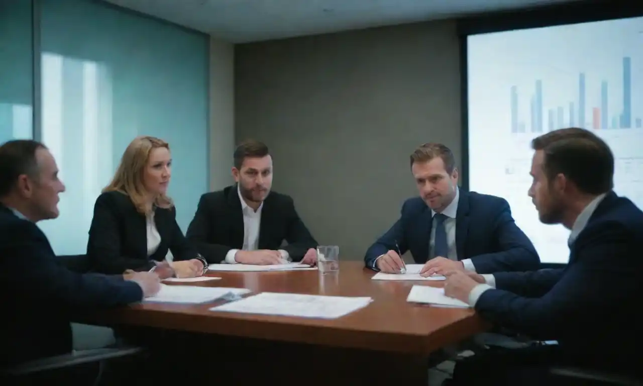 Business team discussing financial charts and strategies in a conference room.