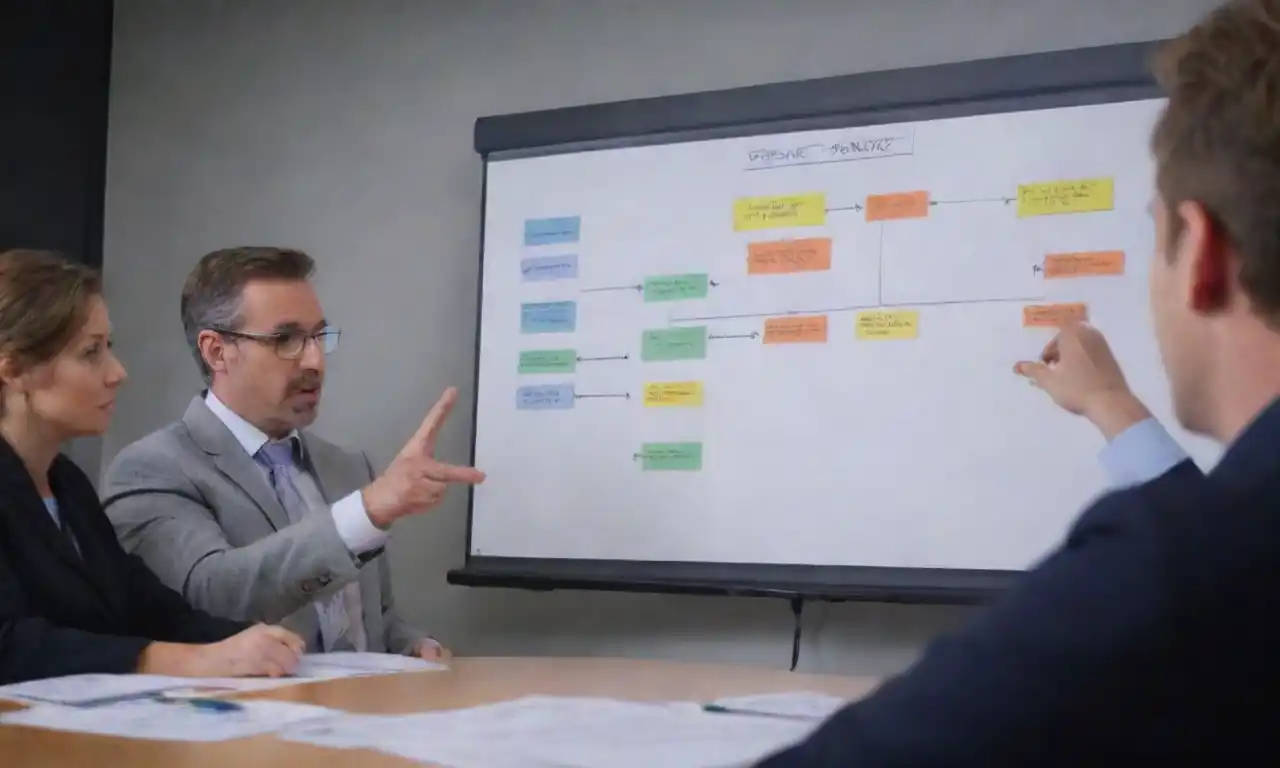 A project manager presenting a flowchart and PRINCE2 framework in a meeting.