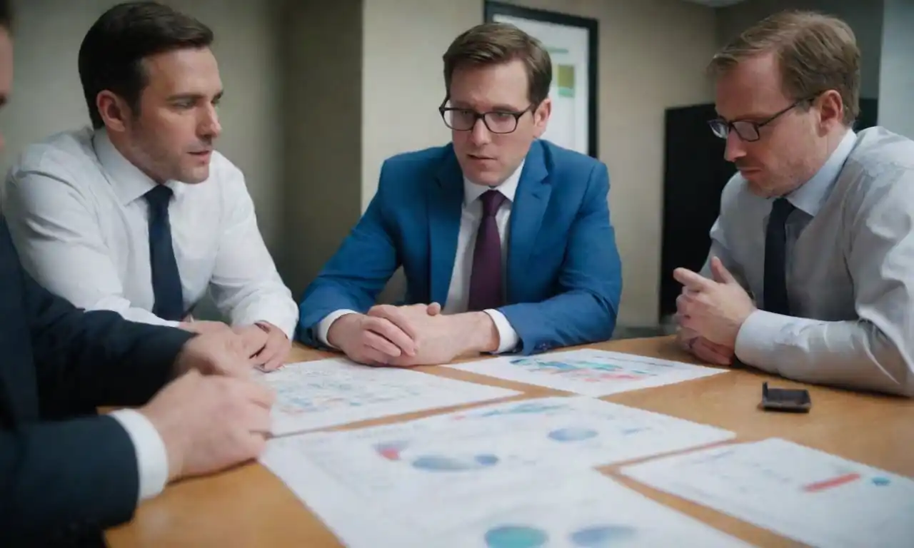 Business professionals analyzing data charts and graphs in a collaborative meeting.