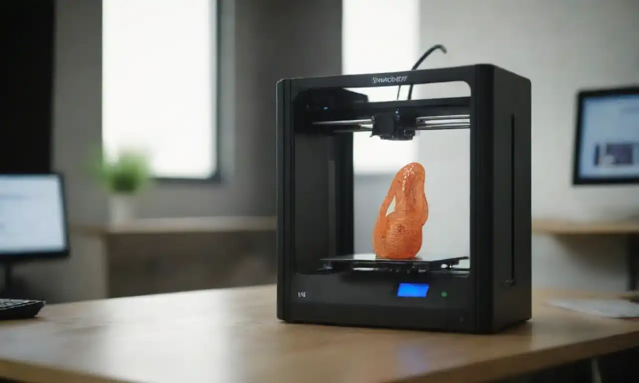 A 3D printer creating a prototype in a modern office setting.