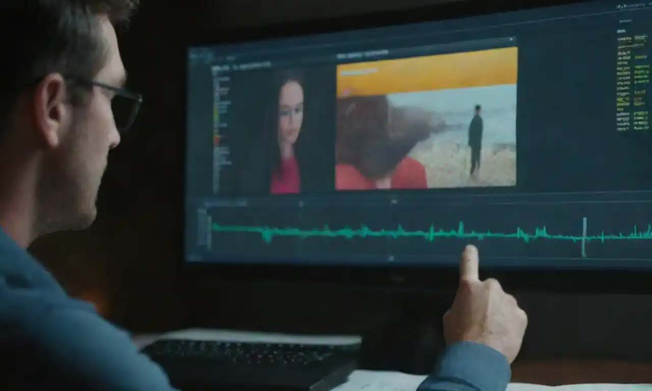A marketer analyzing video performance data alongside engaging video content on a screen.