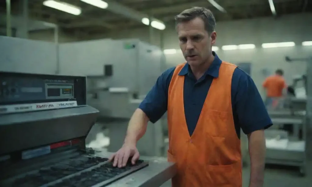 A production line worker stopping the process to address a machine issue