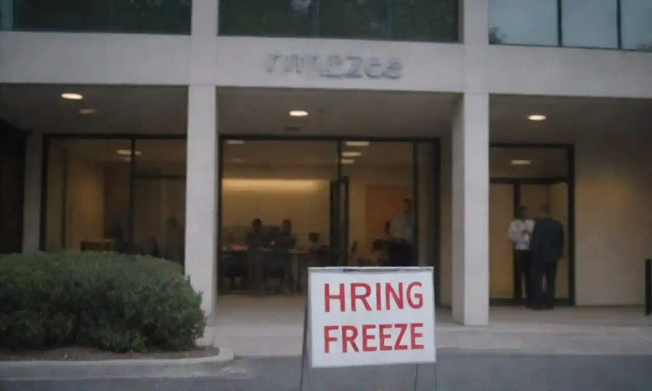 Office building with a Hiring Freeze sign and concerned employees in the foreground.