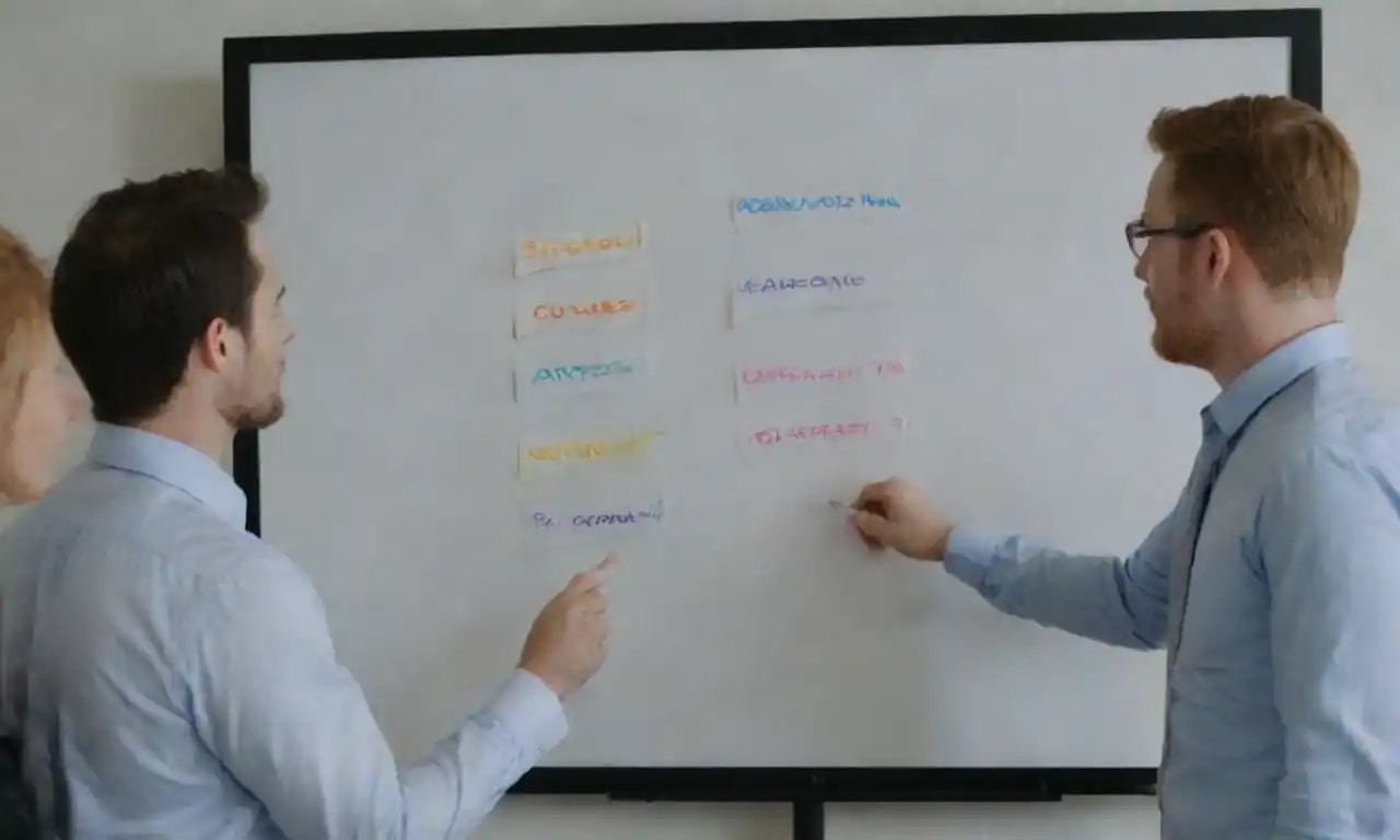 A brainstorming session with marketers analyzing consumer data and trends on a whiteboard.