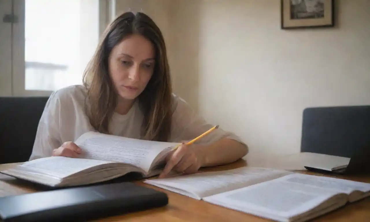 A person reading a document titled Ley Antifraude 2024 with legal books and a laptop nearby.
