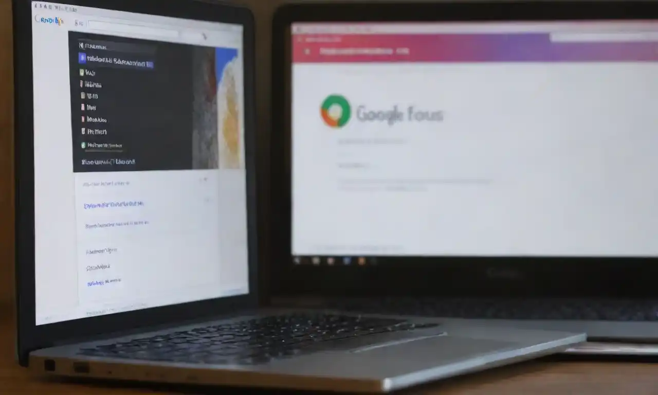 A laptop screen displaying tips for SEO with Google search results in the background.