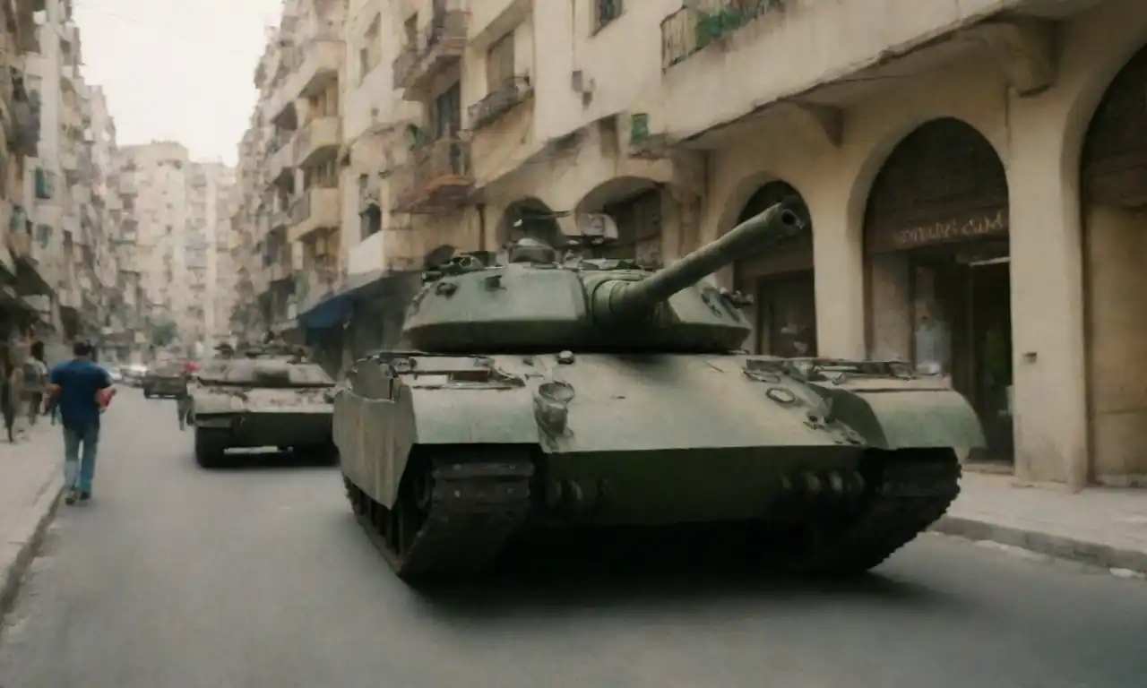 Military tank positioned in an urban