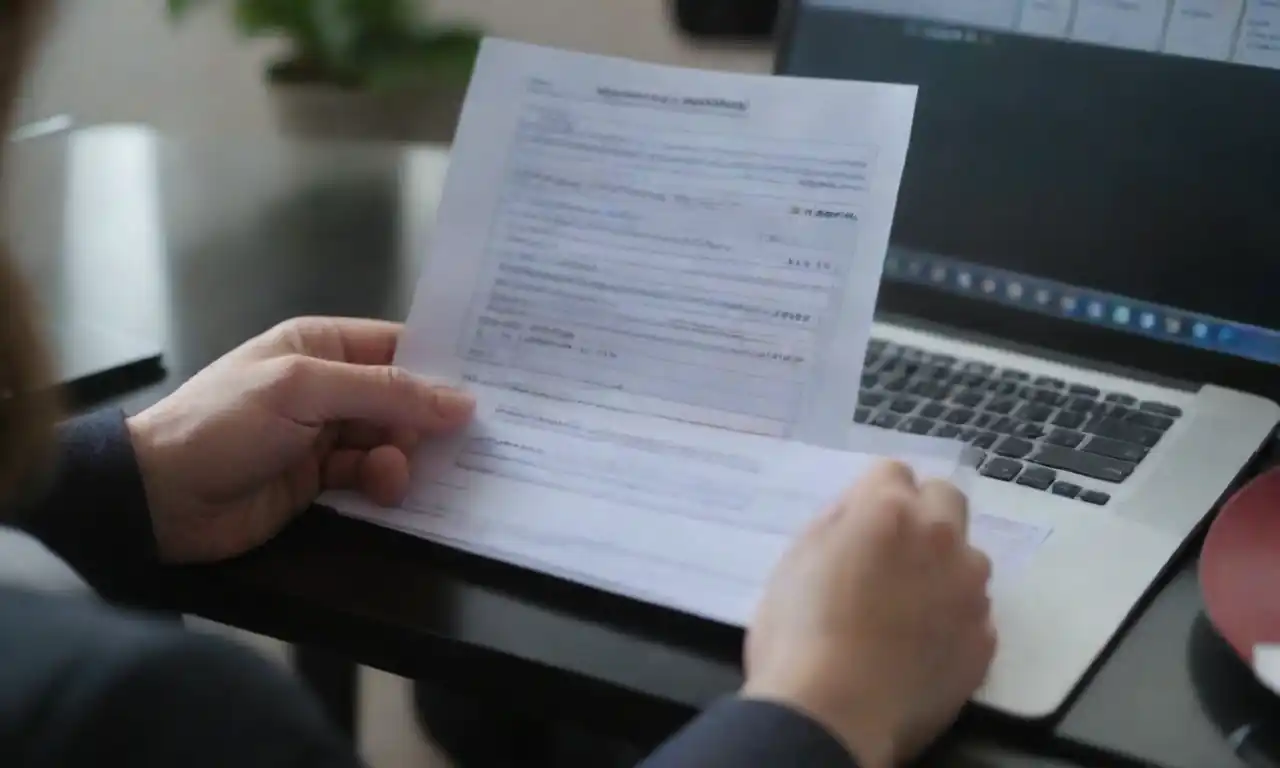 Person analyzing a checklist of key questions at a desk with a laptop and business documents.