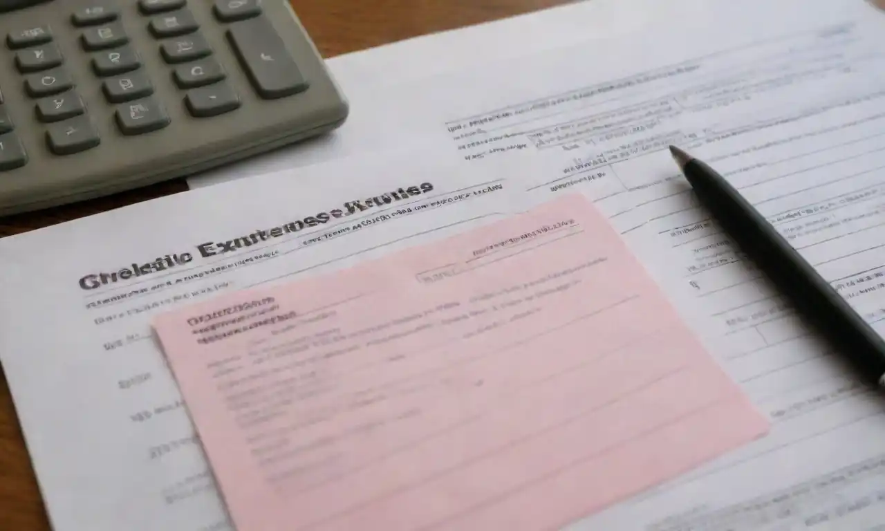 A checklist of deductible expenses alongside a completed tax form and calculator.