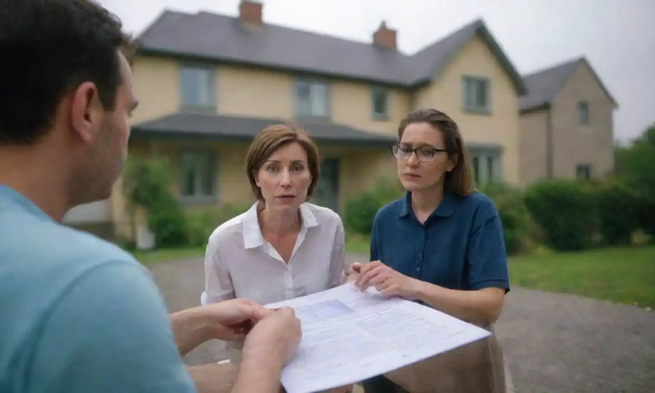 Two people discussing mortgage documents with a house in the background.