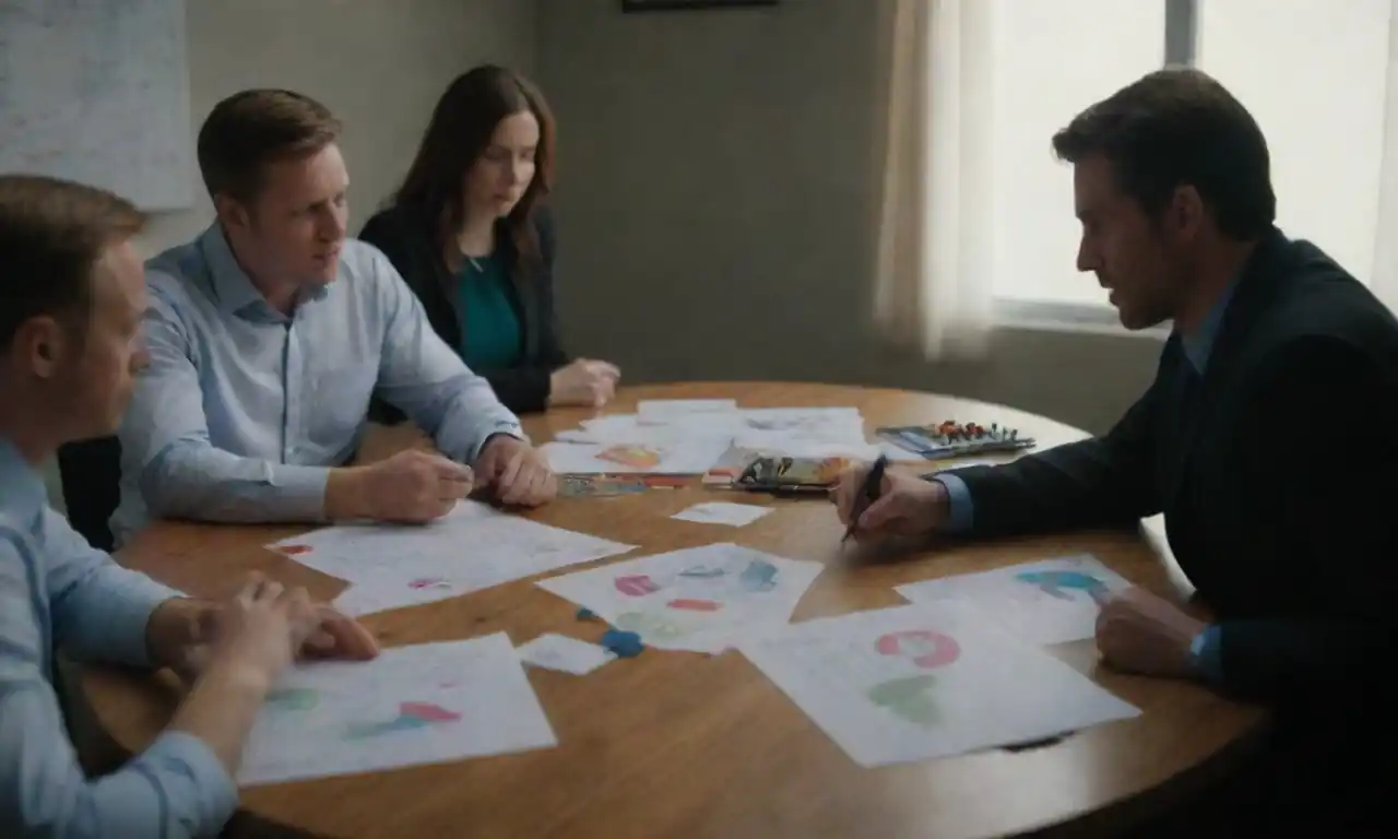 A team collaborating over a table with charts labeled CAME