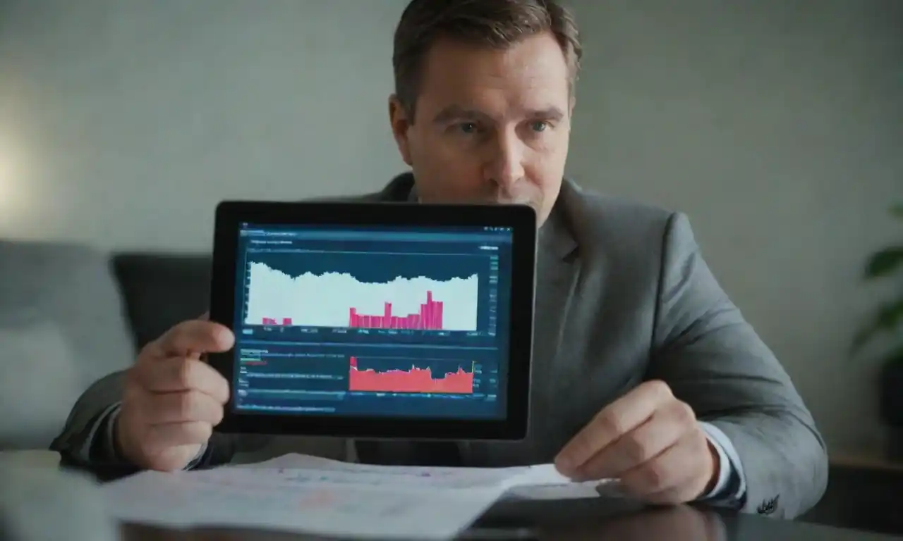 A financial analyst reviewing Rocket Mortgage data on a digital tablet with charts and graphs.