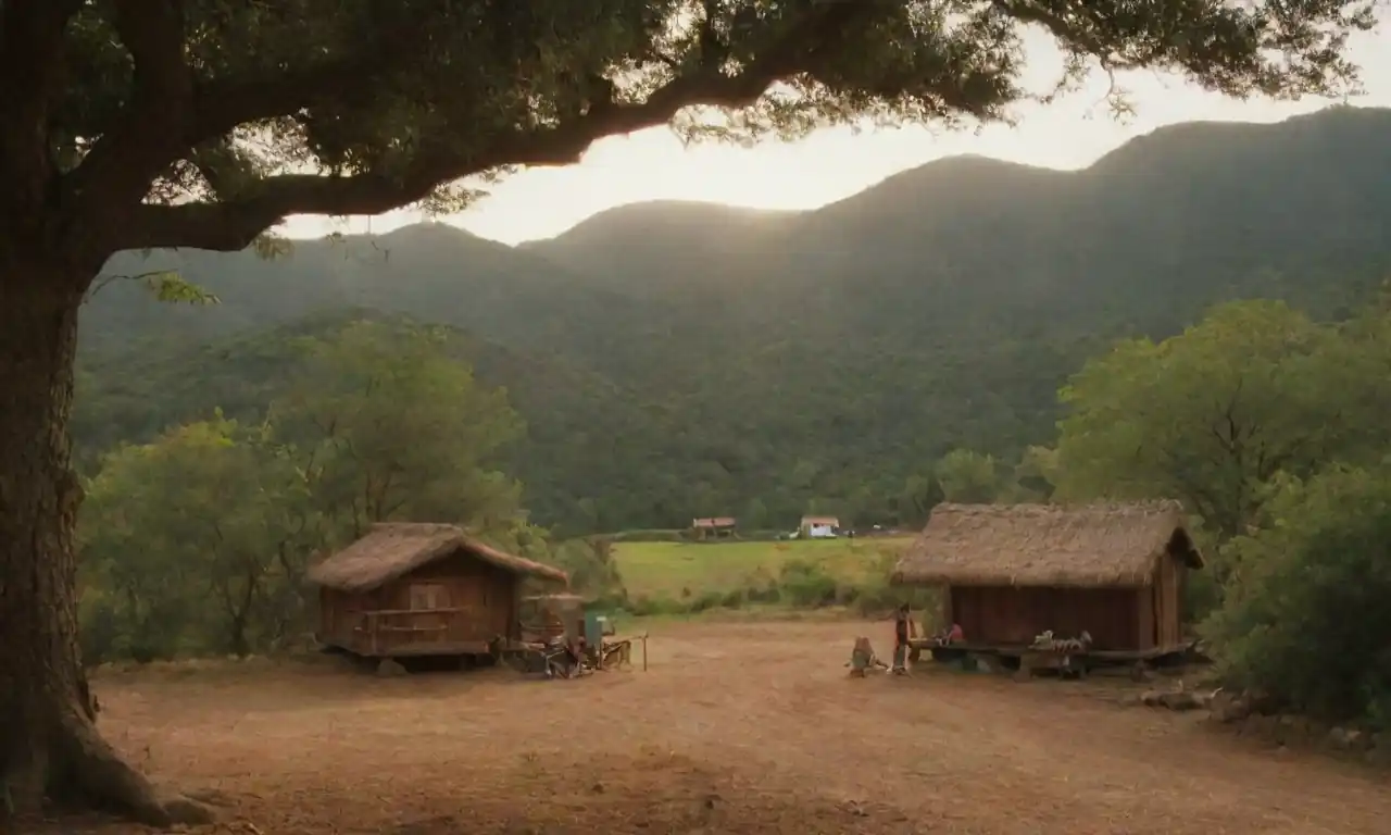 A scenic nature landscape featuring eco-friendly accommodations and travelers enjoying local culture.