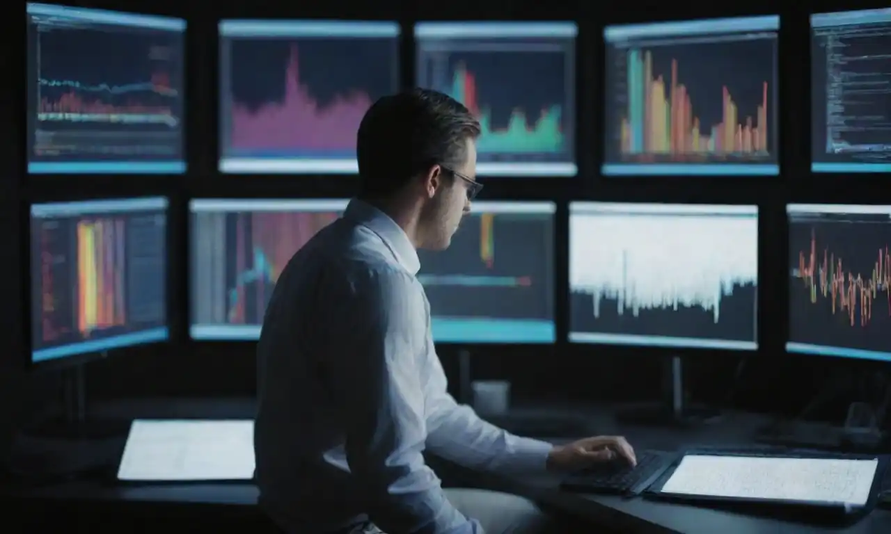 A data analyst examining complex data sets on multiple screens