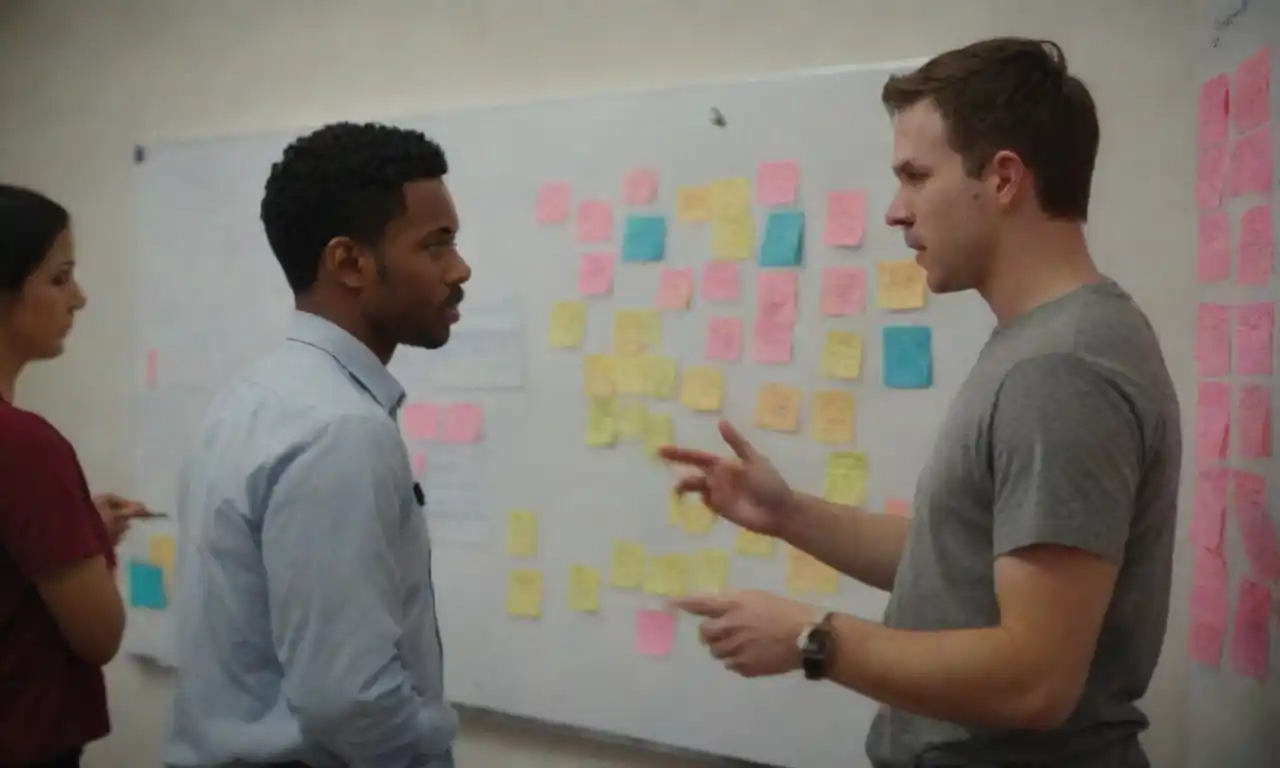 Team members collaborating around a whiteboard covered in sticky notes and project timelines.