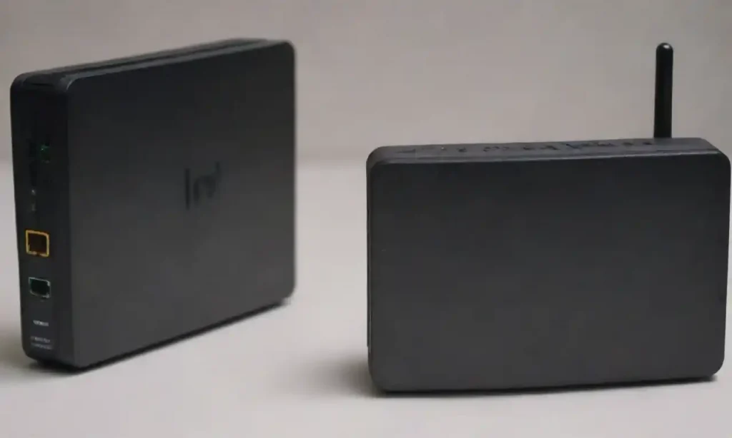 Visual comparison of a modem and a router with labeled functions and connections.