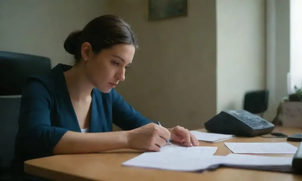 Una persona revisando documentos contables y un gráfico de activos fijos en su escritorio.