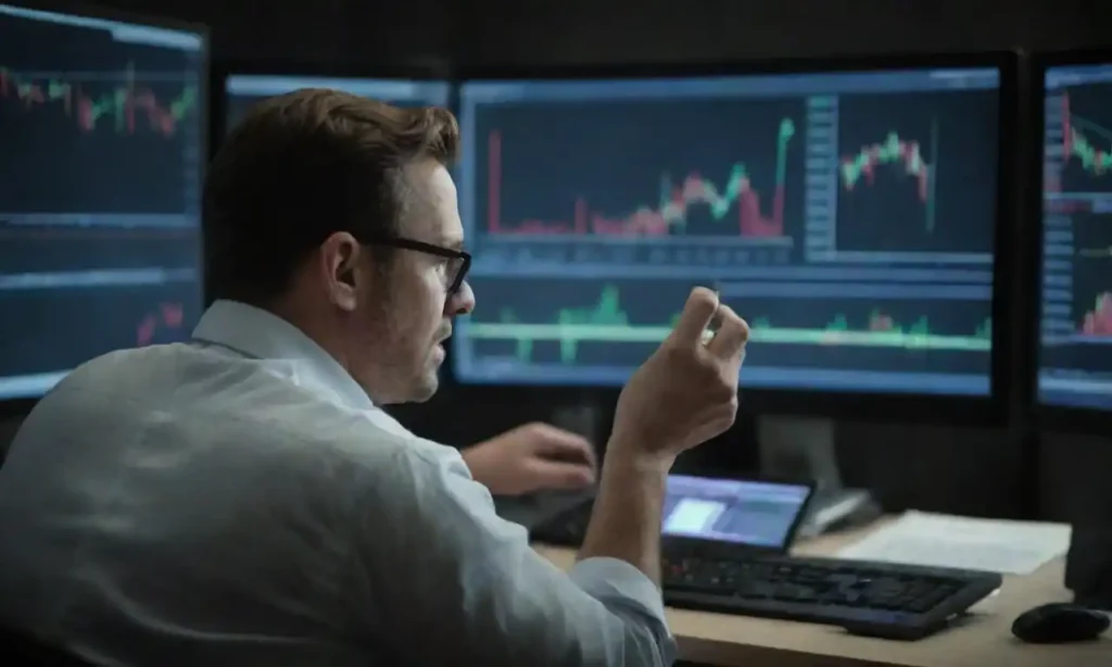 Trader analyzing unusual bullish charts and indicators on multiple screens.