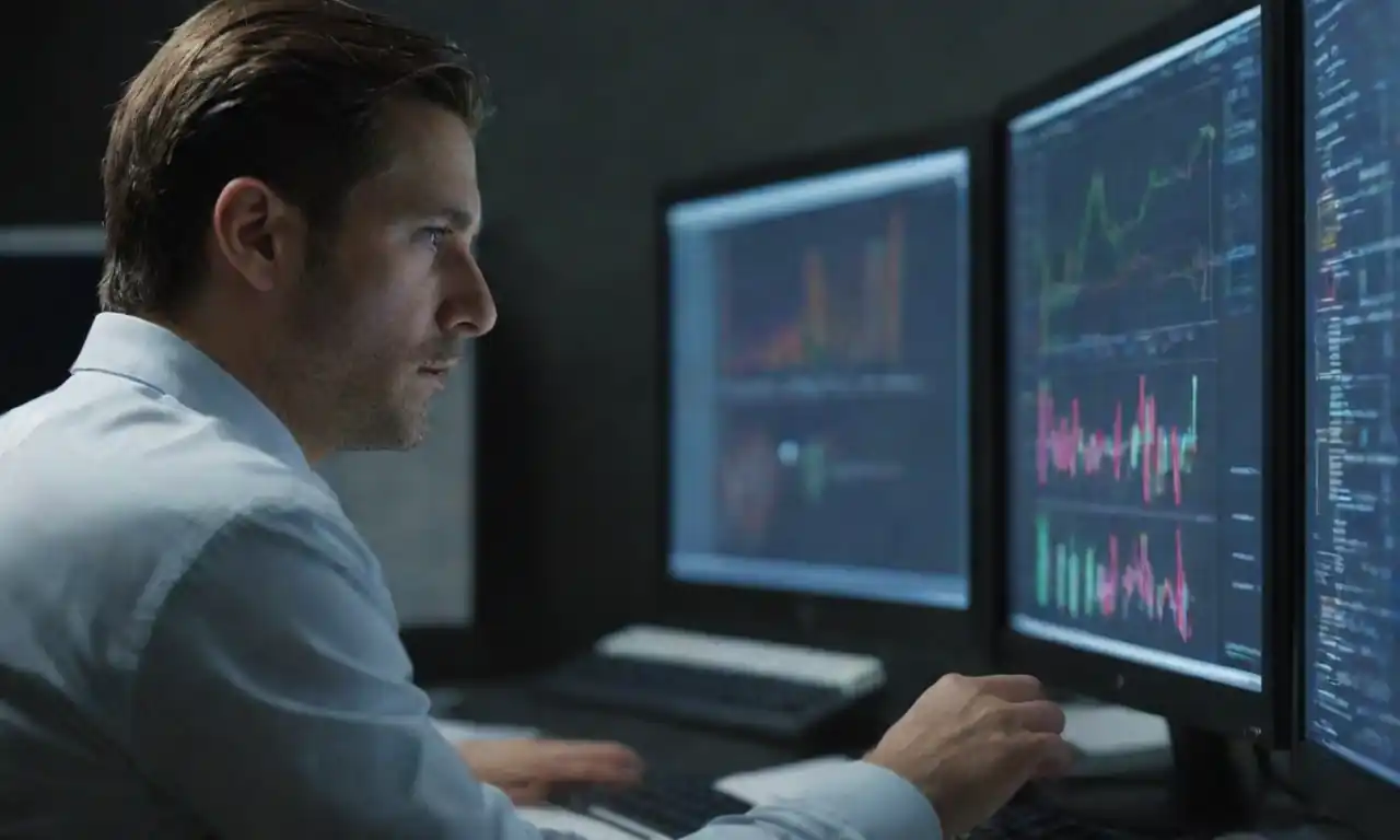 Data engineer analyzing complex data sets on a computer with graphs and salary figures displayed.