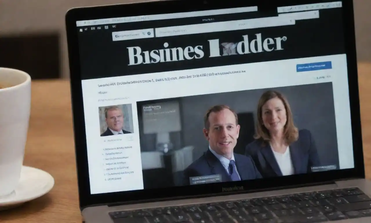 A laptop displaying the Business Insider homepage with articles and financial data.