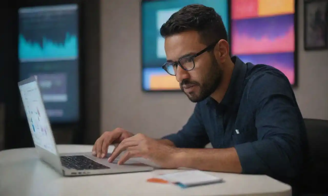 A digital marketer analyzing performance metrics on a laptop amidst marketing visuals.