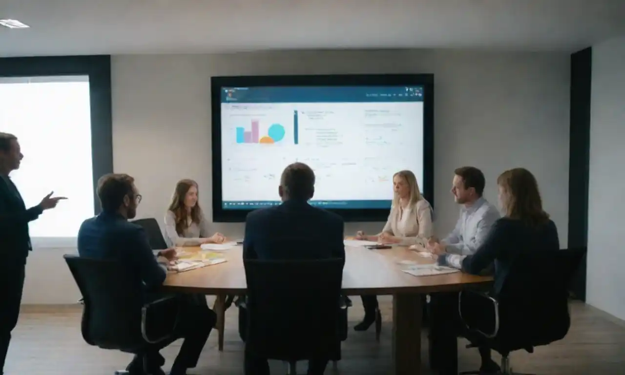 A team brainstorming around a table with a digital marketing strategy presentation on a screen.