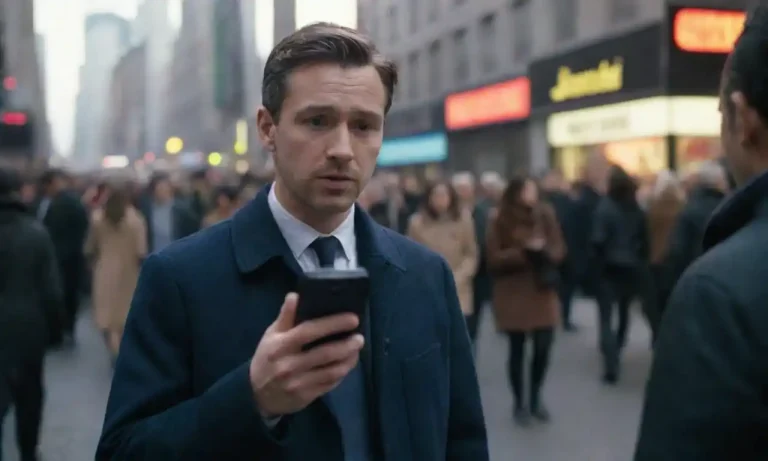 Person using a smartphone to report news in a crowded urban setting.