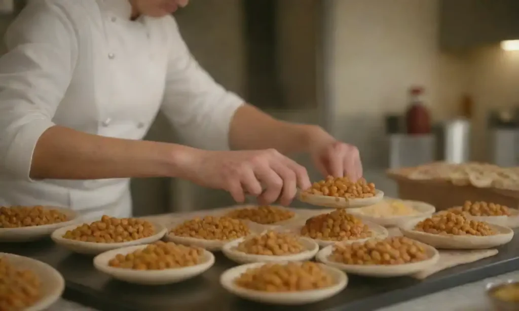 A cook assembling traditional Doubles with curry chickpeas and flatbreads on a kitchen counter.