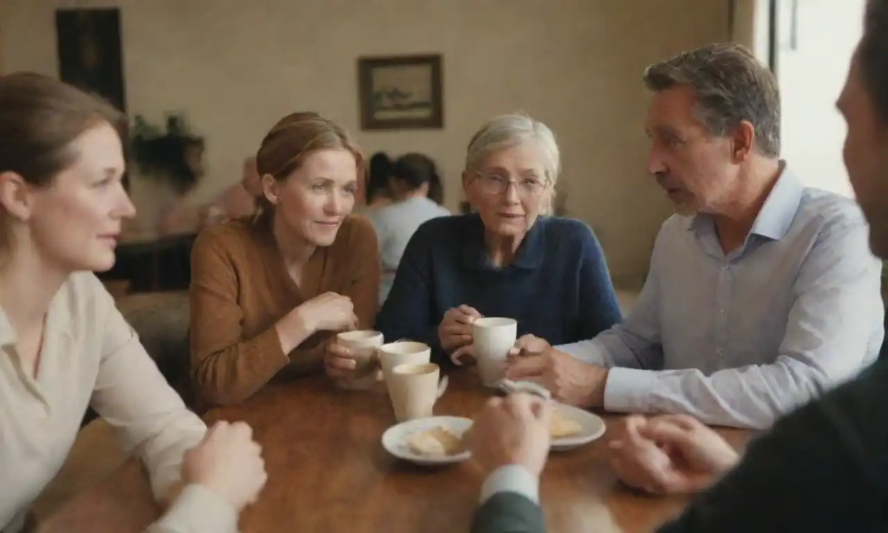 A diverse group of people of different ages engaged in a discussion over coffee.