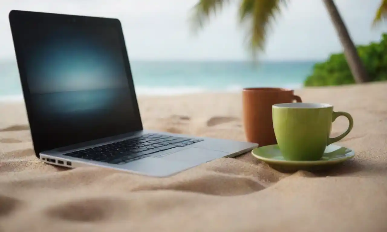 Nómada digital trabajando en una laptop en una playa tropical con una taza de café.